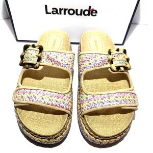 Larroude Maui Slide Sandal Raffia Rainbow Color Beige Suede Trim Gold Buckle